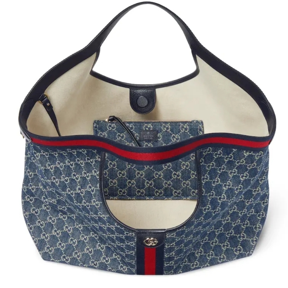 W Cotton Canvas Monogram Denim Large GiGlo Tote w/Red & Navy Classic Stripe Trim